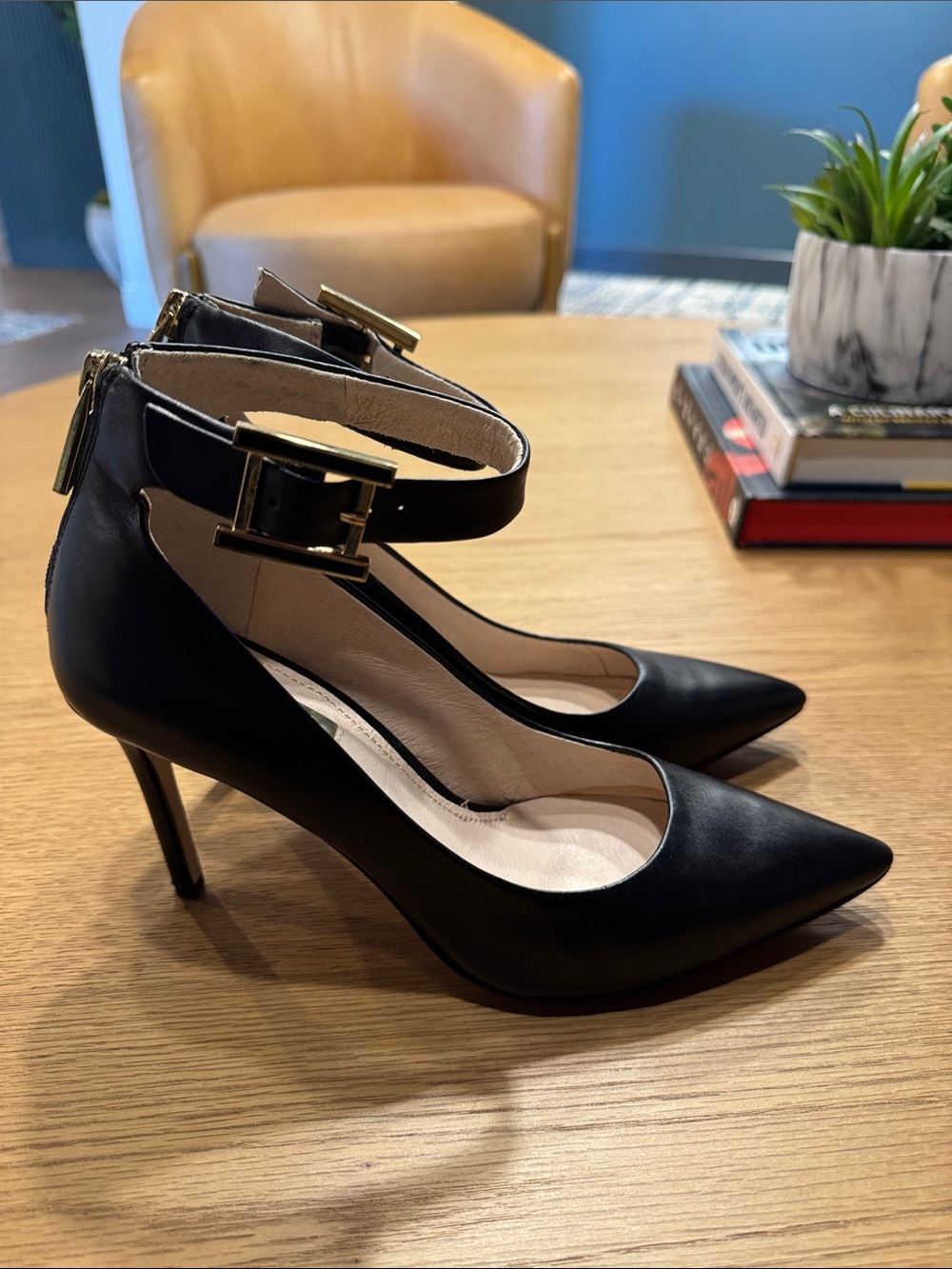 Louise et Cie Black Pointed-Toe Ankle-Strap Pumps with Gold Buckle - Picture 6 of 16